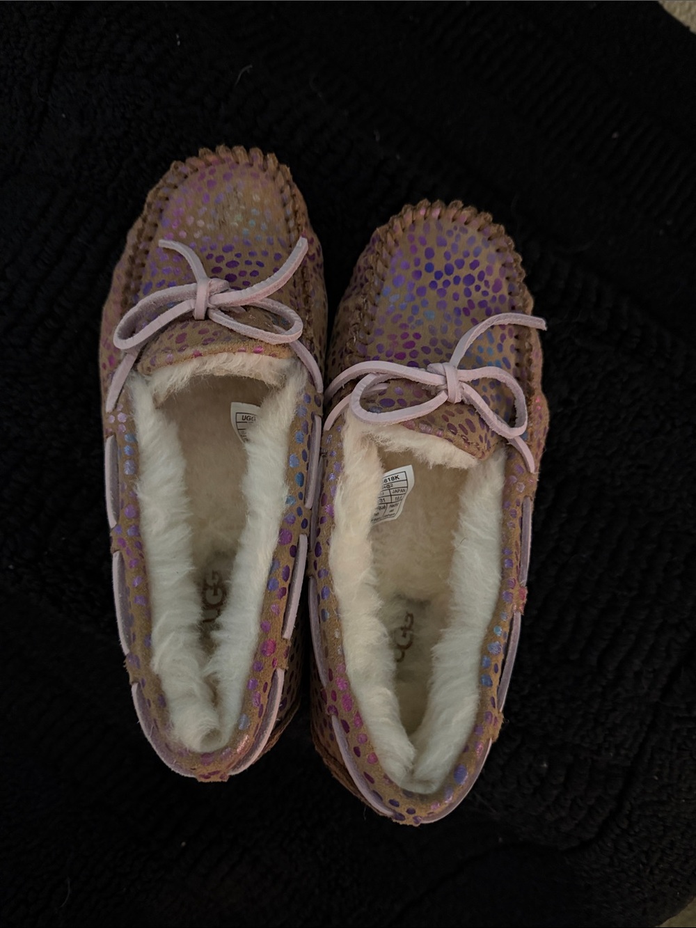 UGG Kids Pink and Purple Iridescent Dot Moccasin Slippers